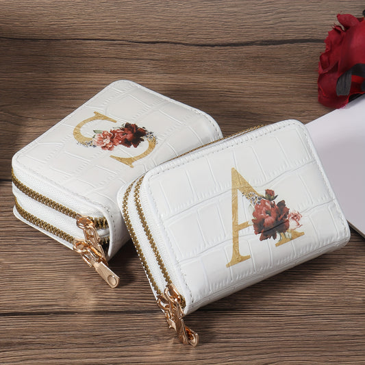 Floral Letter Pattern Credit Card Holder Small Business Card Case For Women Or Men Accordion Wallet With Zipper