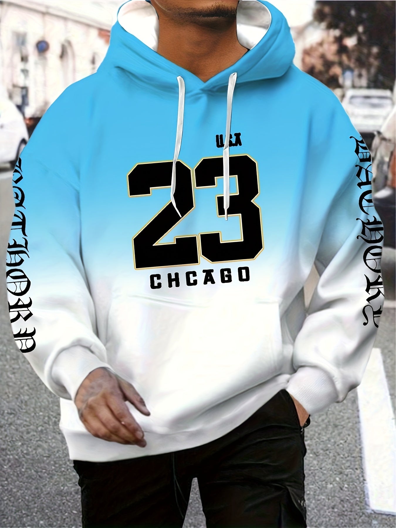 "CHICAGO #58.42cm Print Men's Gradient Hooded Sweatshirt With Kangaroo Pocket, Casual Pullover Tops For Spring Autumn