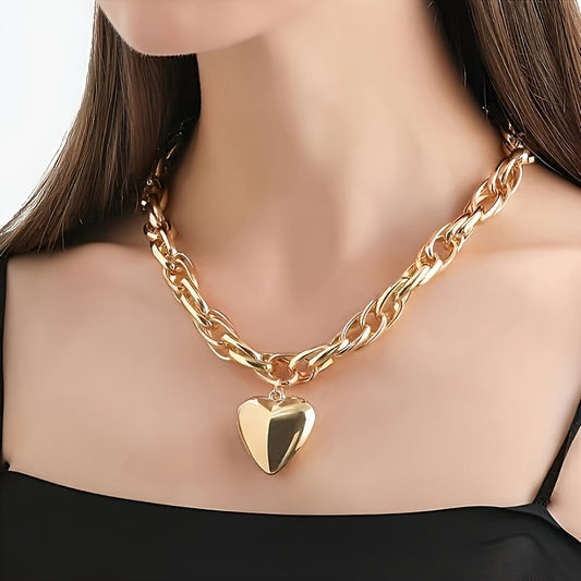 Chic 18K Golden-Plated Heart Pendant Necklace with Hollow Chain - Perfect for Daily Wear & Parties, Stainless Steel