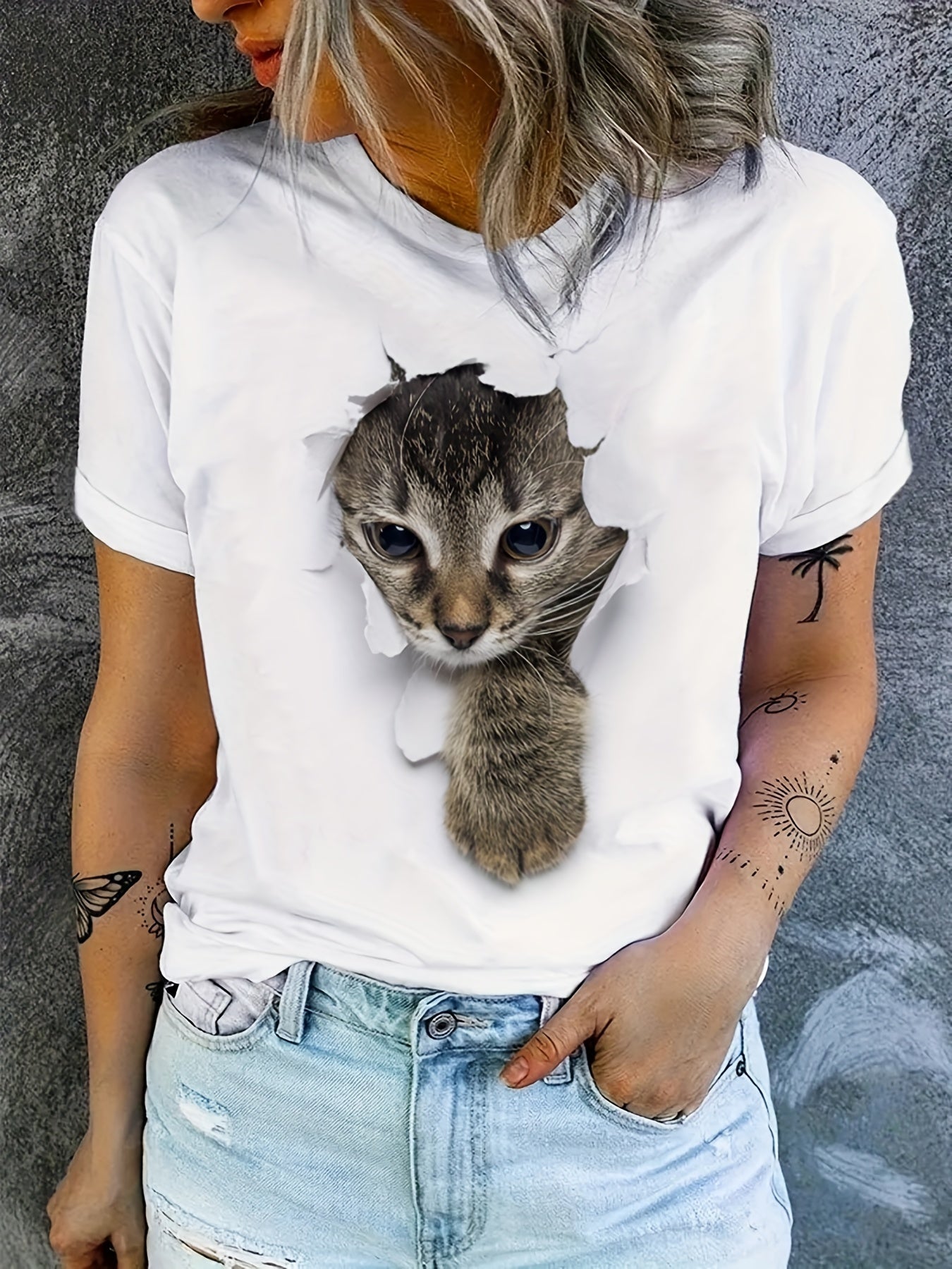 Cute Cat Print T-Shirt, Crew Neck Short Sleeve T-Shirt, Casual Every Day Tops, Women's Clothing