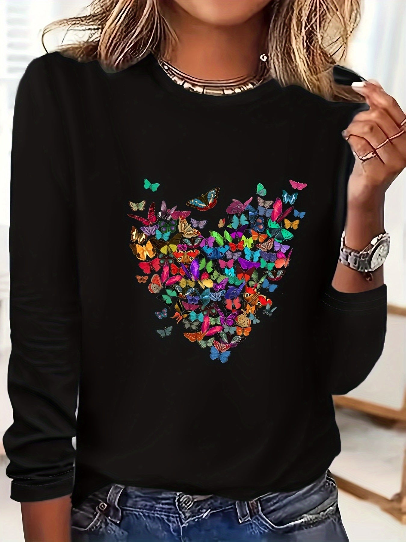 Butterfly Heart Print Crew Neck T-shirt, Casual Long Sleeve Top For Spring & Fall, Women's Clothing