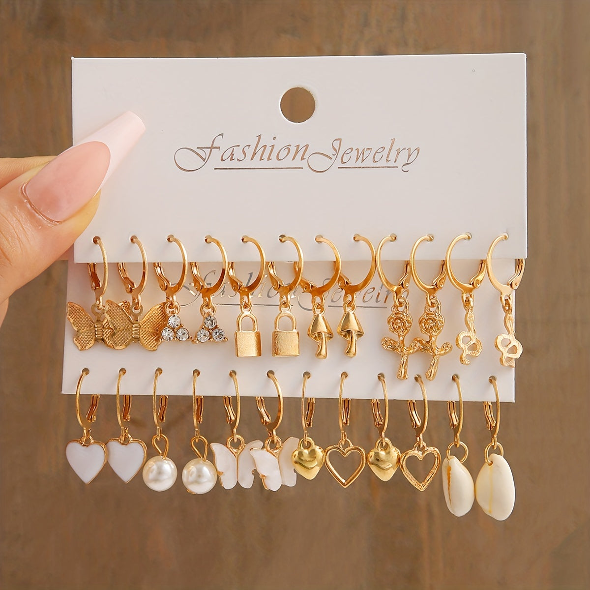 12 Pairs/ Set Heart Mushroom Lock Shell Faux Pearl Shiny Rhinestone Pendant Dangle Earrings Set Elegant Leisure Style Trendy Female Gift