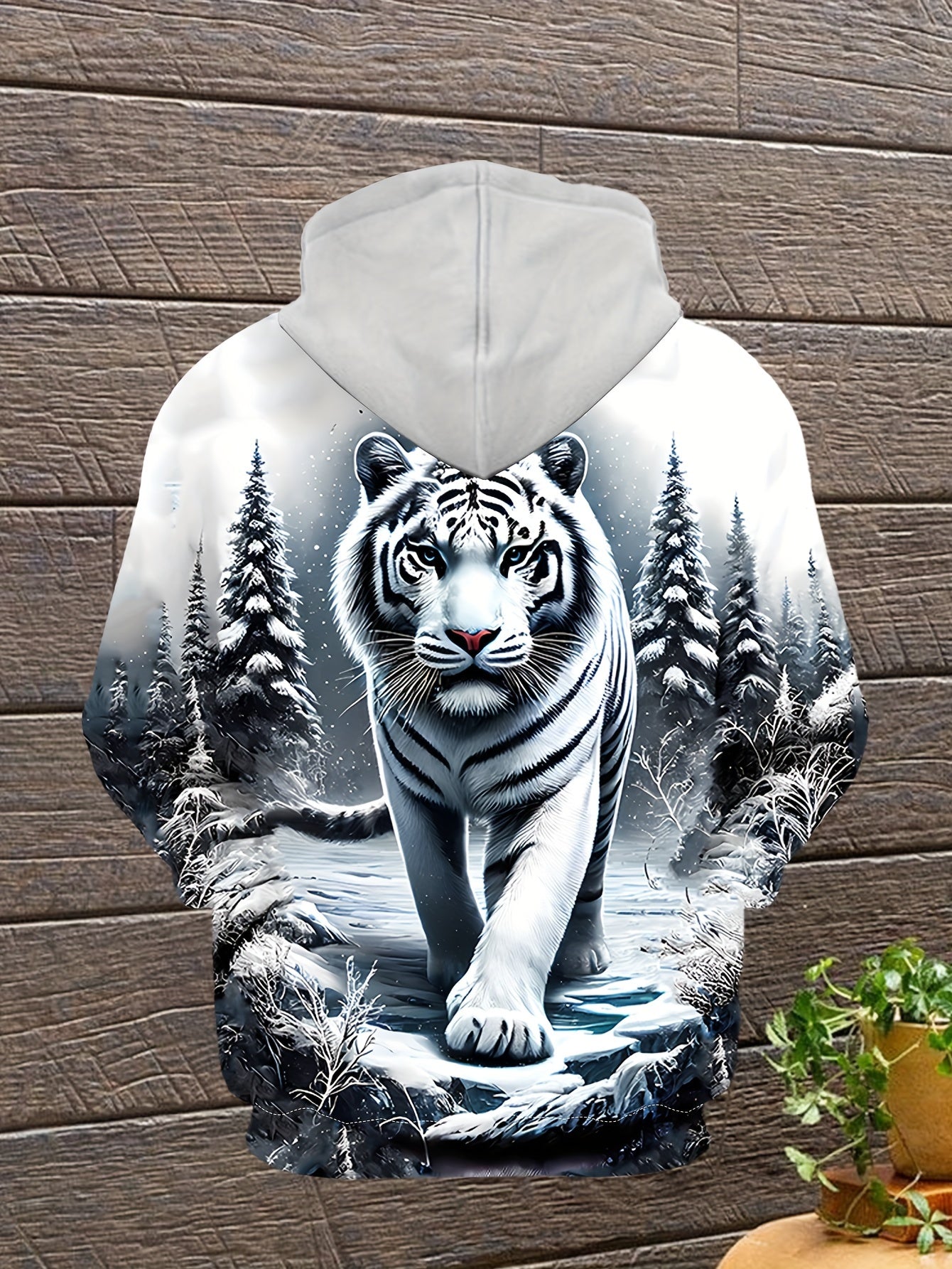 Men's 3D Digital White Tiger And Jacquard Print Hooded Sweatshirt With Kangaroo Pocket, Spring And Fall Sports Fashion Hoodie For Male