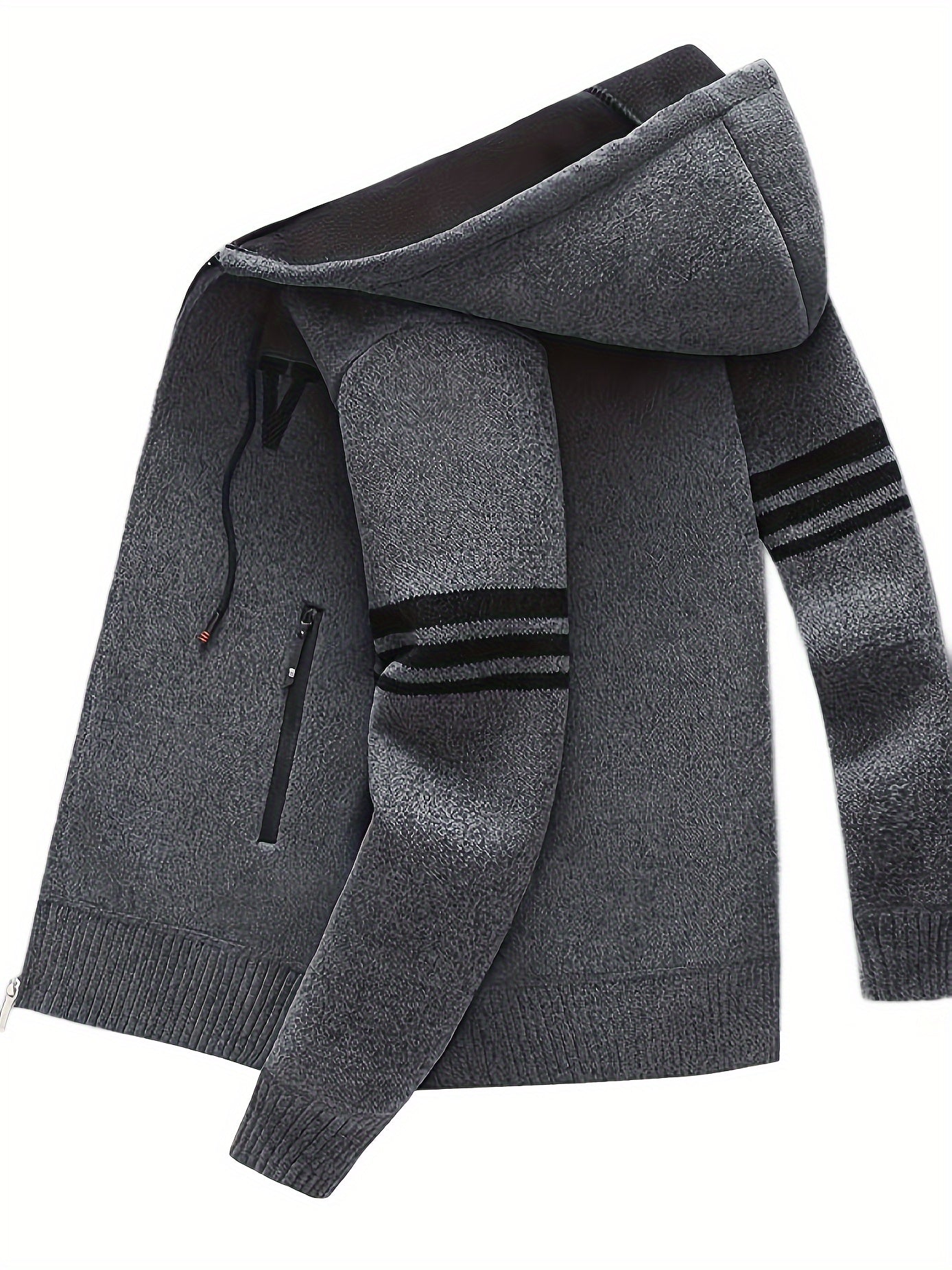 Men's Striped Fleece Hooded Cardigan, Casual Slightly Stretch Breathable Zip Up Thermal Jacket For Fall Winter Outdoor