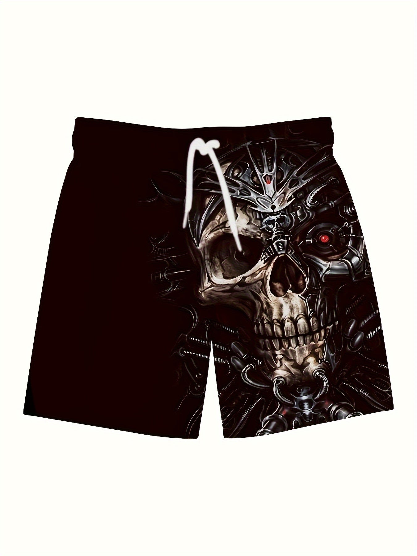 Men's Trendy Graphic Beach Shorts With Drawstring And Fancy 3D Skull Print For Summer Beach, Pool And Resort