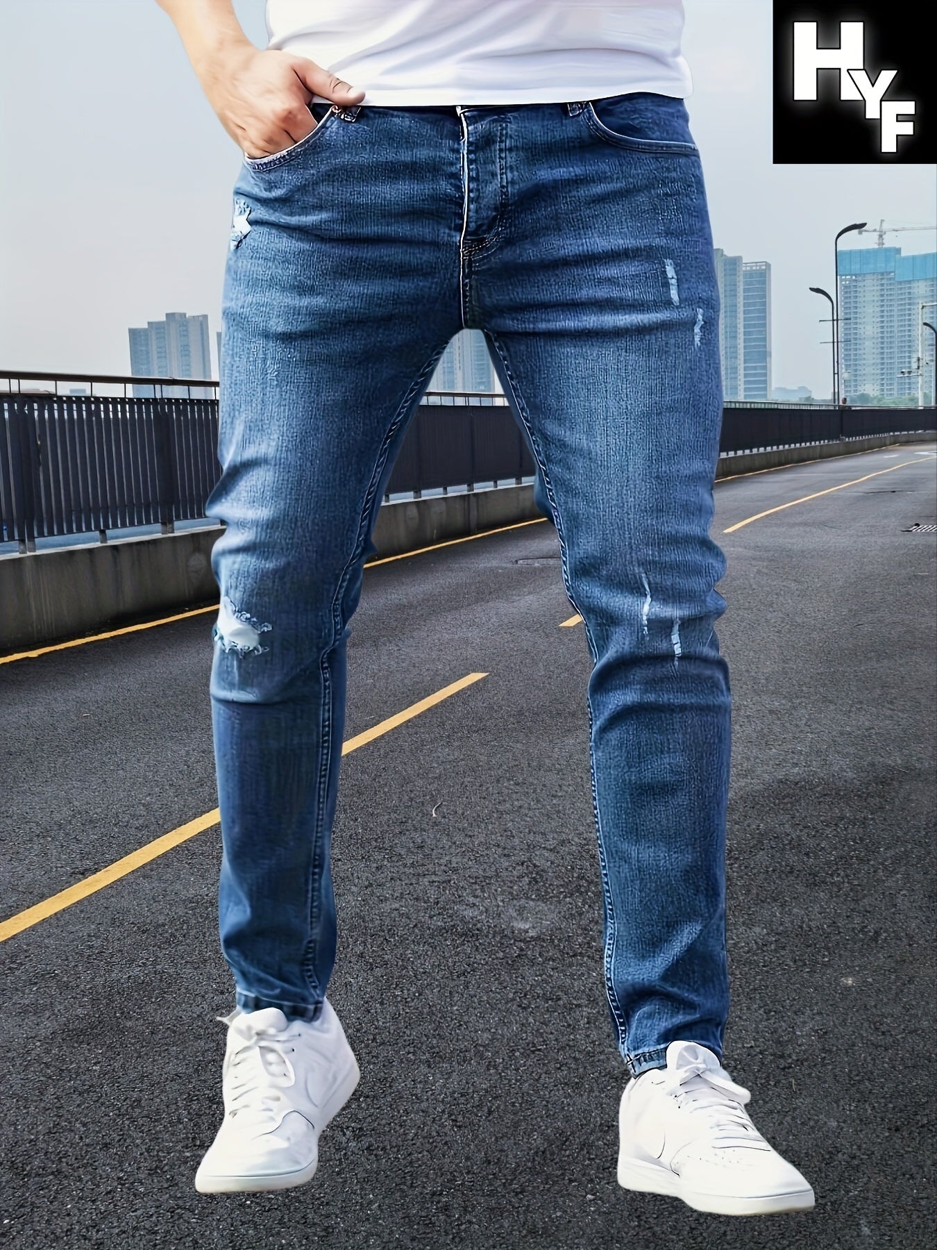 Men's Slim-Fit Stretch Jeans with Pockets - Street Style, Ripped Denim, Mid-Rise, Machine Washable