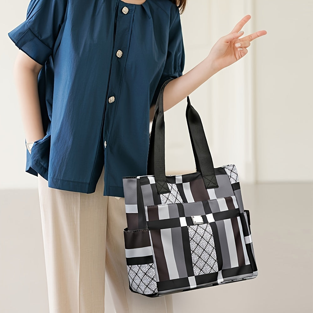 Geometric Tote Bag with Zipper Closure, Mixed Color Plaid Pattern, Lightweight Oxford Fabric, Polyester Lined, Dry Clean Only - Casual Shoulder Bag for Daily Use