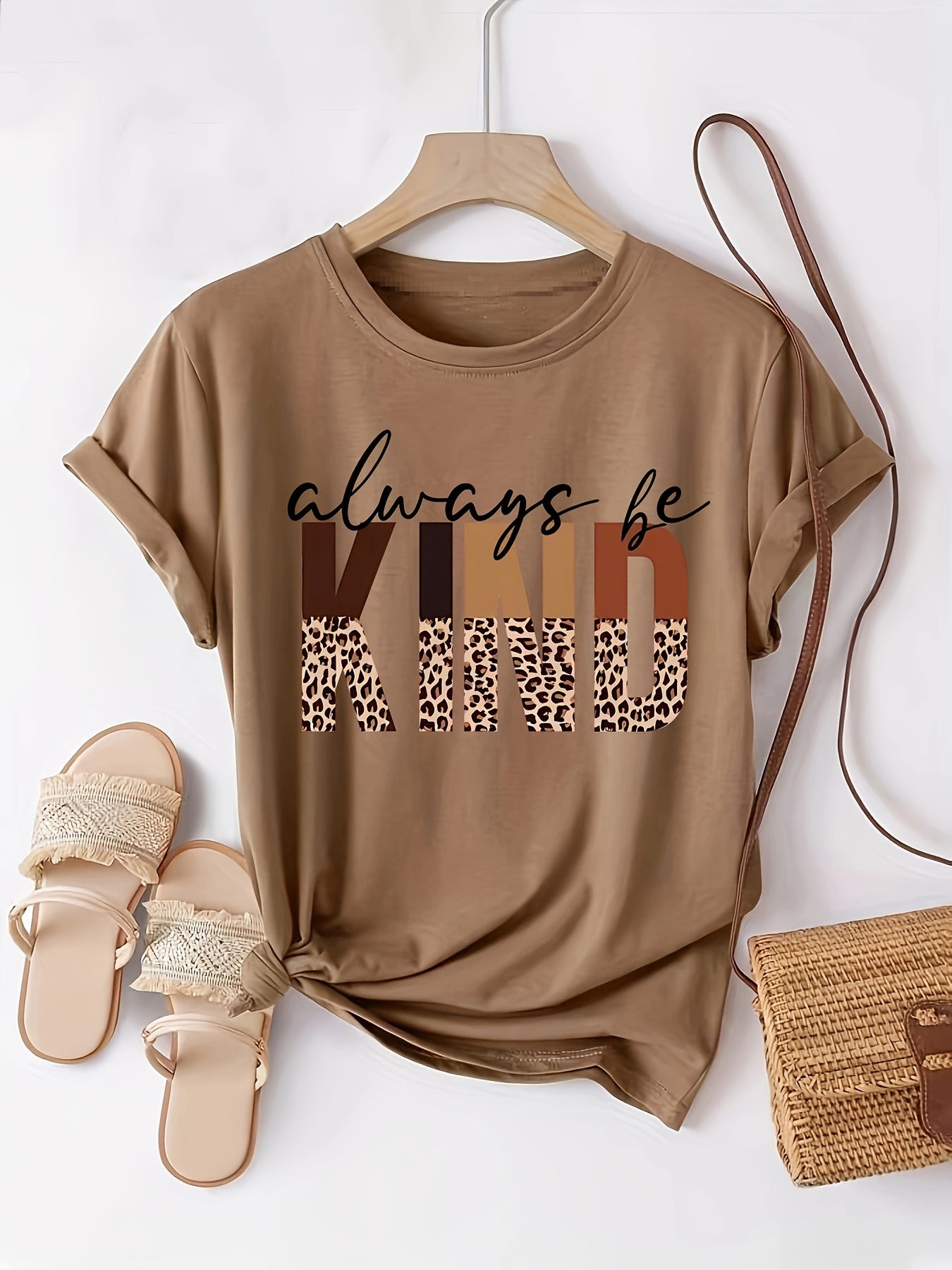 Kind Print Crew Neck T-Shirt, Casual Short Sleeve Top For Spring & Summer, Women's Clothing