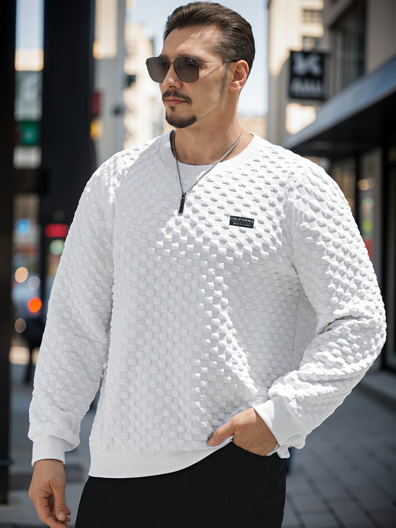 Men's Checkered Bumpy Pullover Sweatshirt, Stylish Long Sleeve Tee, Casual Trendy Top For Spring & Autumn Daily Life