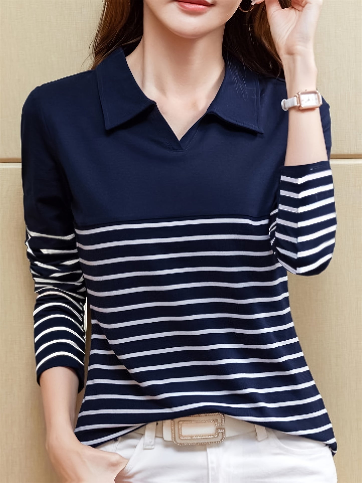 Spring/ Autumn Women's Casual Striped Polo Shirt with Long Sleeves and Cotton Blend Fabric