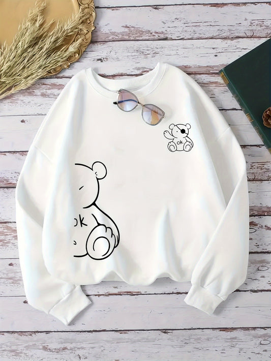 Cartoon Bear Design Sweatshirt for Women - Casual Polyester Knit Fabric Hoodie with Round Neck, All-Season Comfort