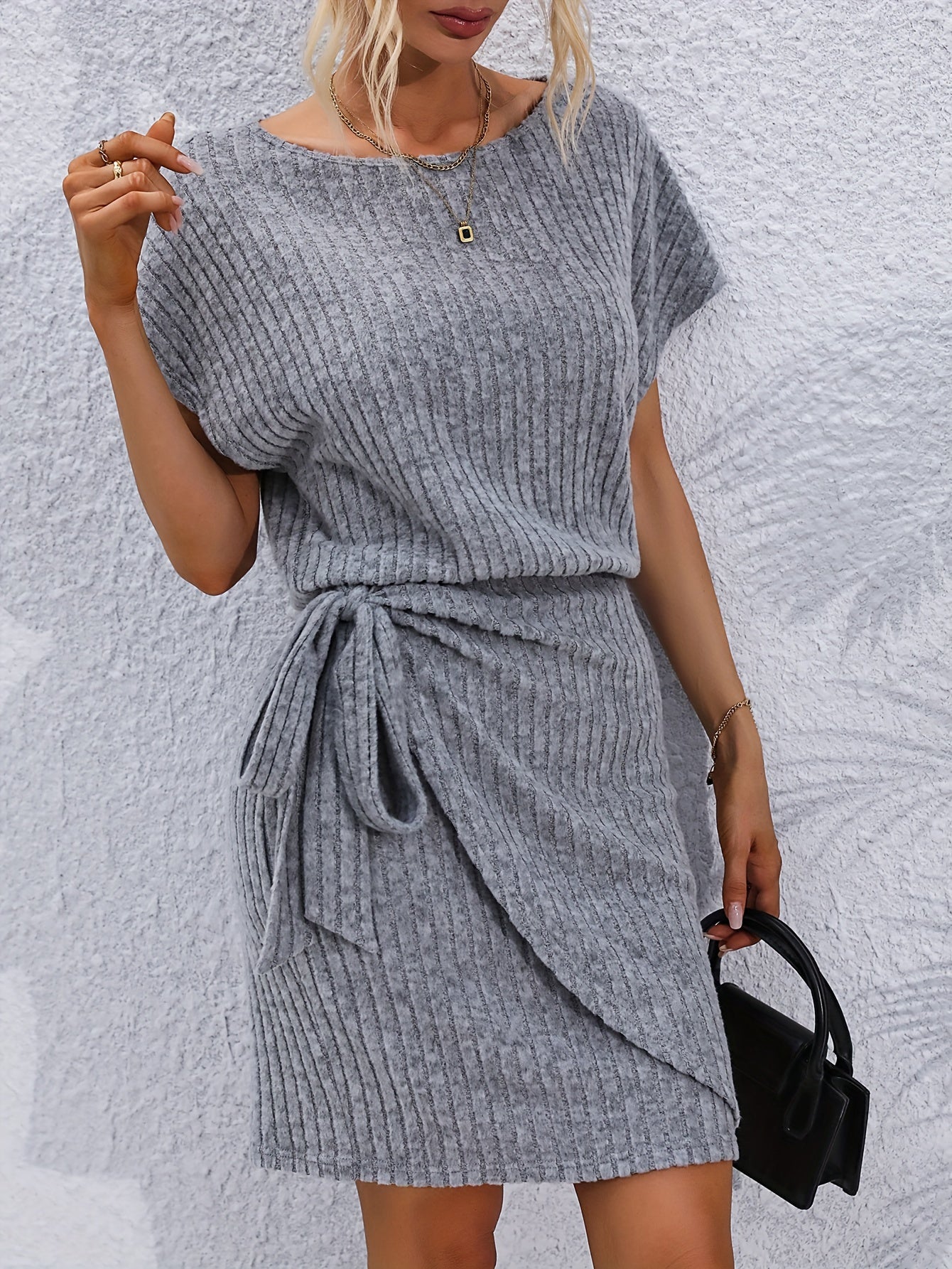 Solid Rib-knit Knot Batwing Sleeve Dress, Casual Short Sleeve Crew Neck Dress, Women's Clothing