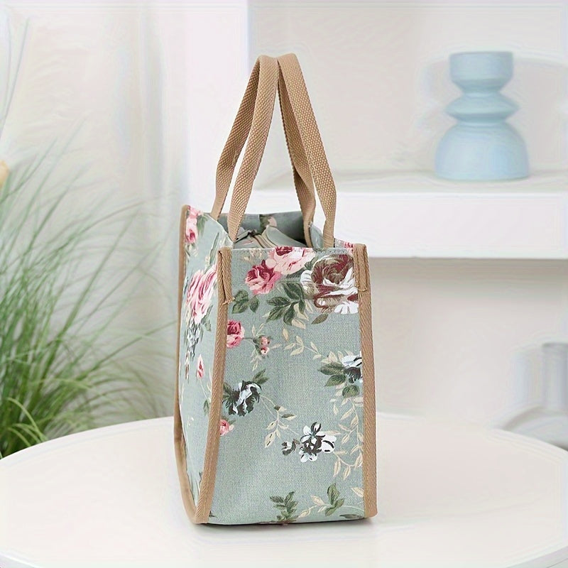 Floral Print Canvas Tote Bag With Thickened Material, Perfect For Commuting, Zipper Closure, Shoulder Bag