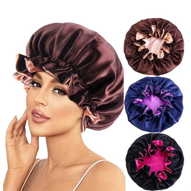 3pcs Set: Luxurious Double-Layer Lace Sleep Cap, Makeup & Shower Hat - Soft Polyester Silk-Like Hair Care Bonnet