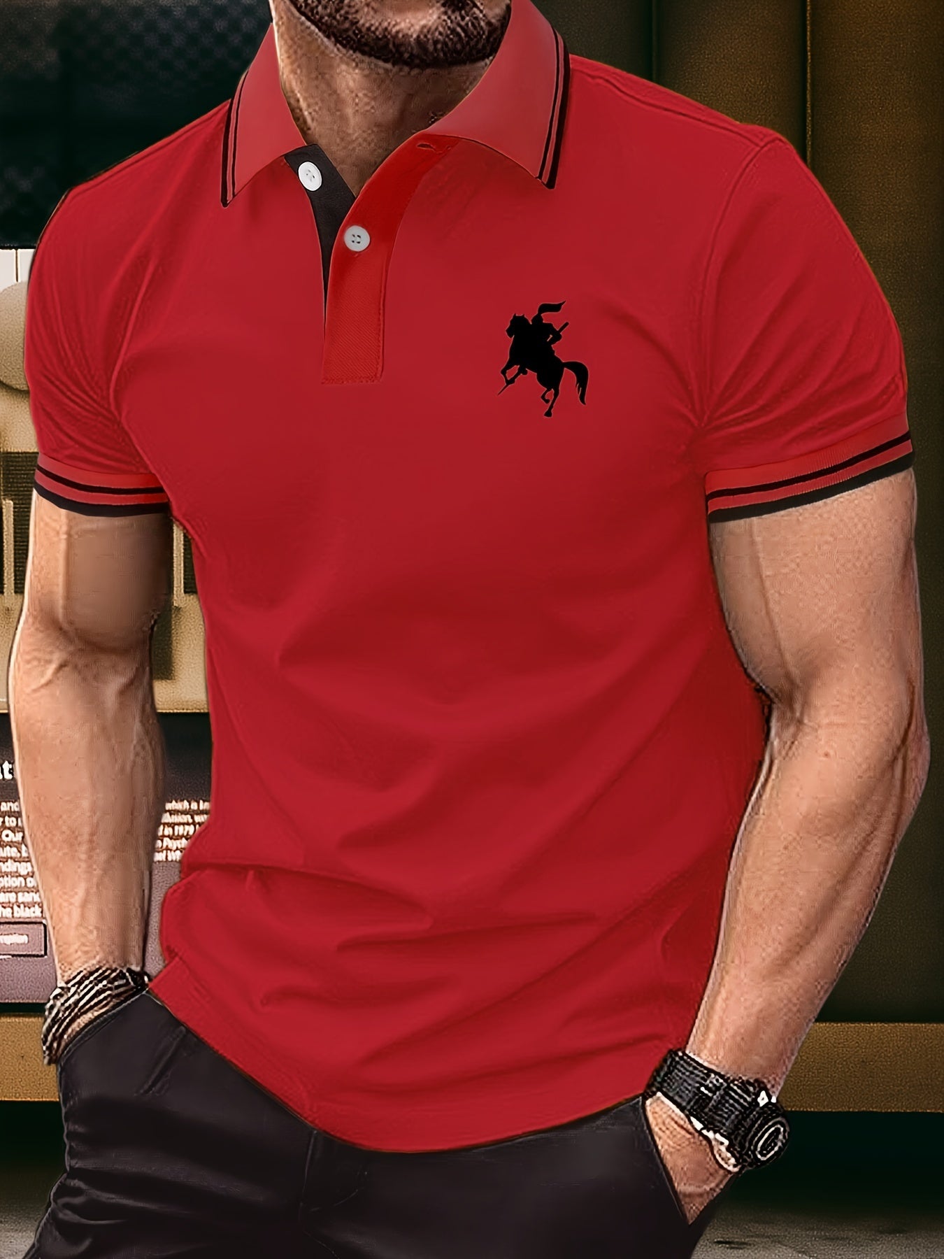 Men's Summer Fashion, Horse Riding Knight Pattern Short Sleeve Lapel Collar Henley Shirt, Chic And Trendy Golf Tops For Business And Outdoors Sports Wear