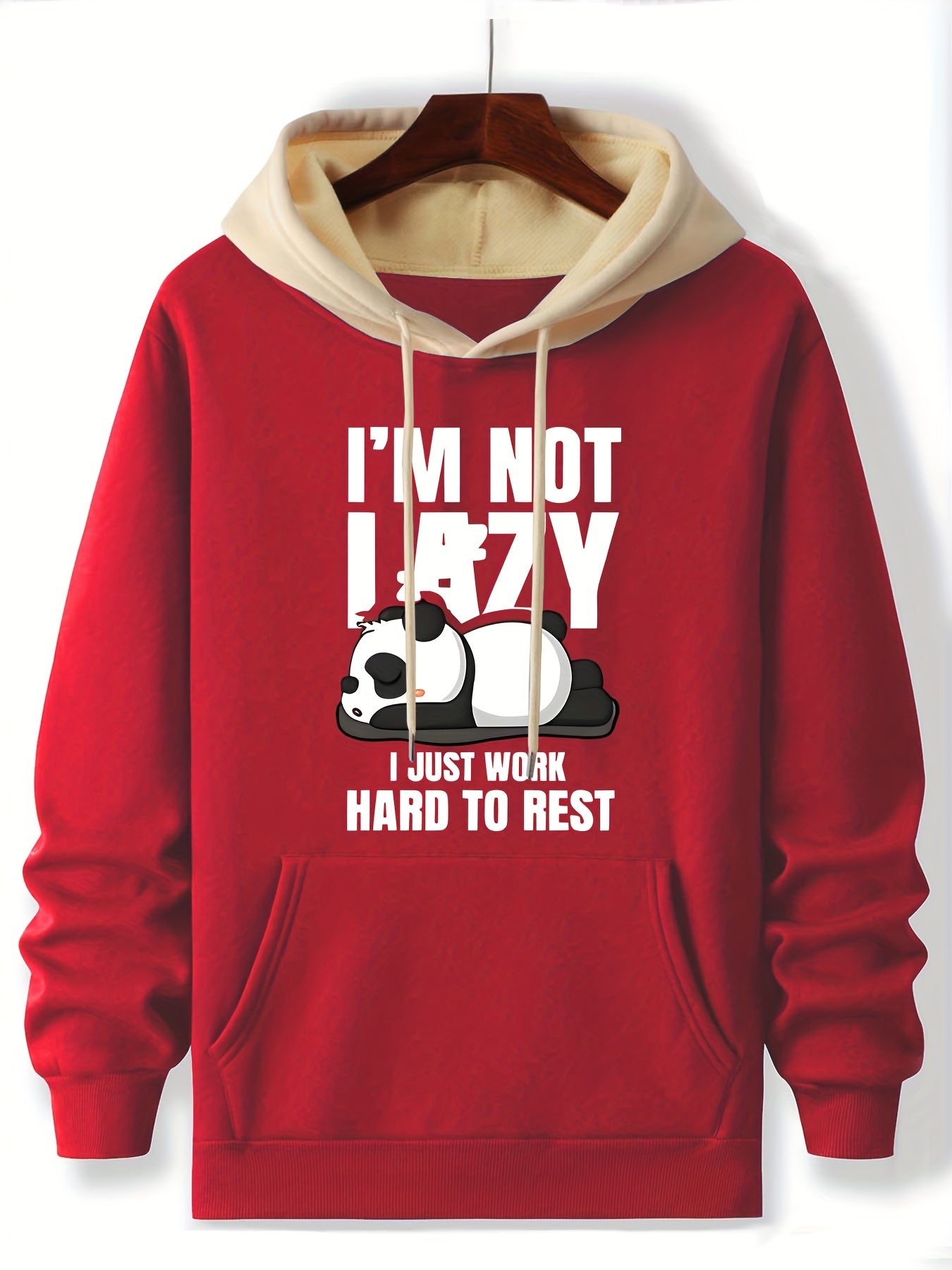 Men'S Casual Hoodie with Cartoon Panda Print, "I'm Not Lazy, I Just Work Hard to Rest" Slogan, Stretchy Polyester, Regular Fit, Crew Neck, Knit Fabric, Fashionable Fall/Winter Pullover - PSLM-1454