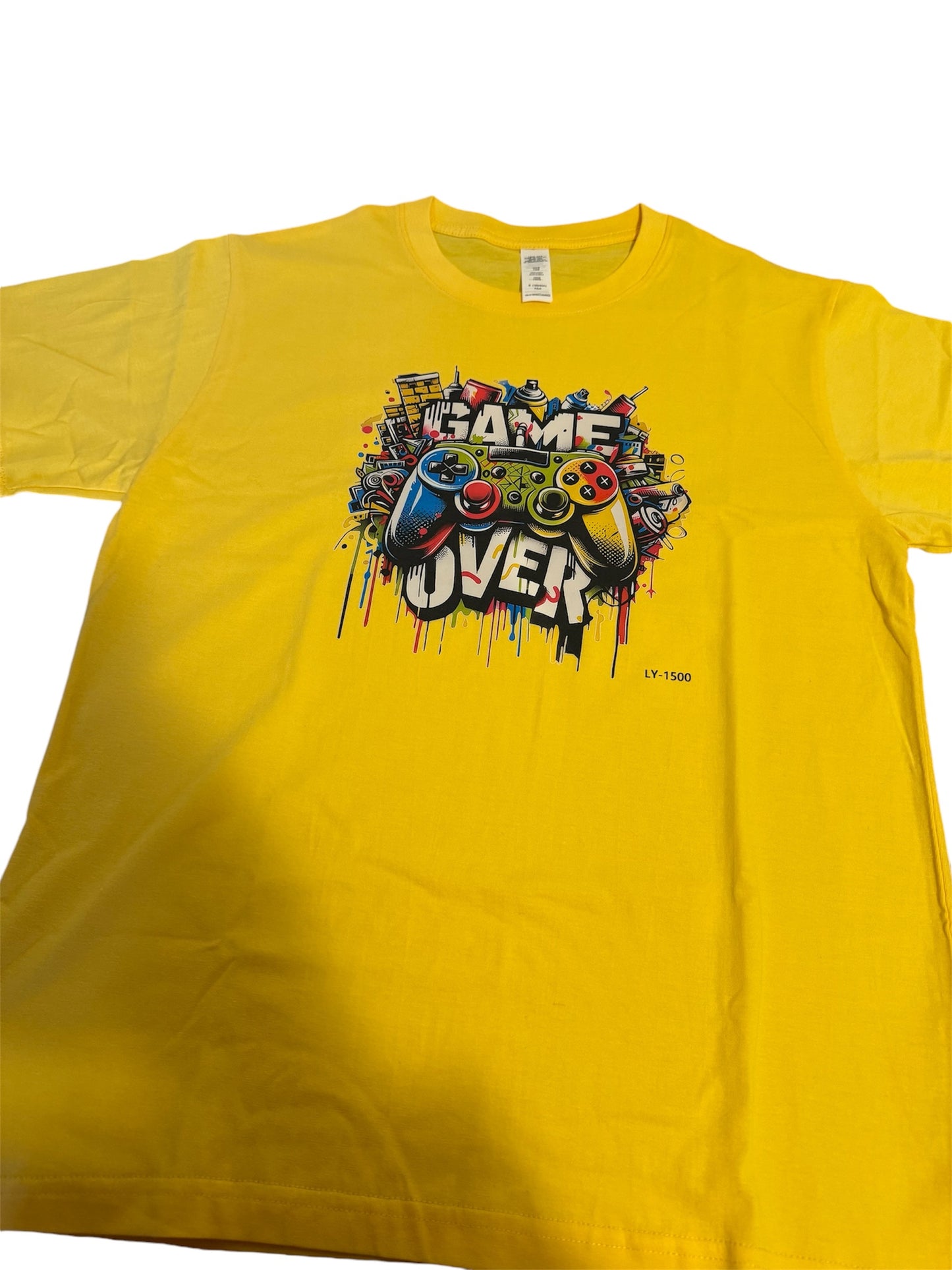 100%cotton customised men short sleeves t shirt with game over logo,thick cotton bright yellow colour summer outfit