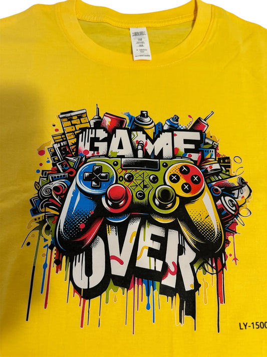 100%cotton customised men short sleeves t shirt with game over logo,thick cotton bright yellow colour summer outfit