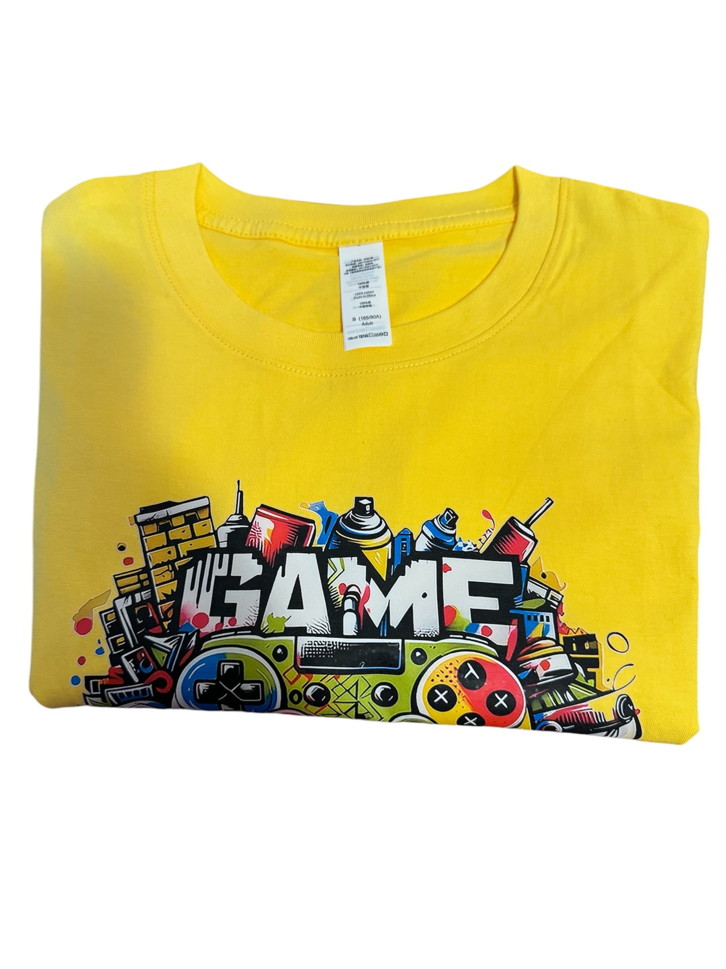 100%cotton customised men short sleeves t shirt with game over logo,thick cotton bright yellow colour summer outfit