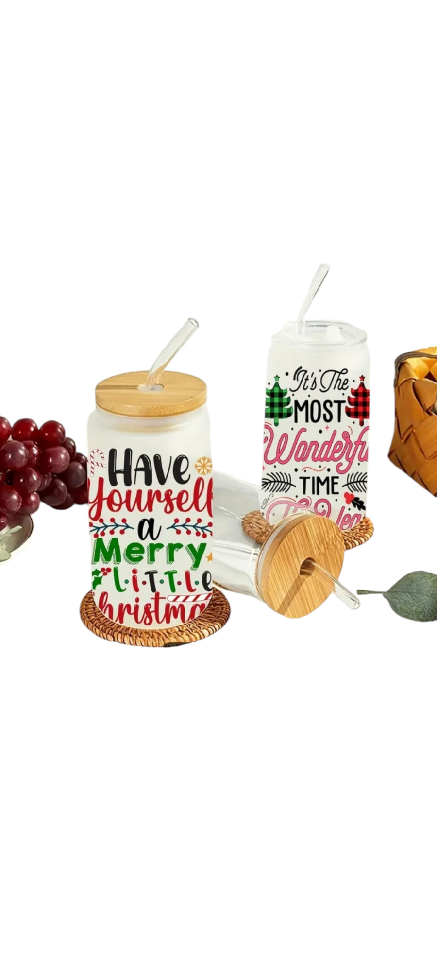 1pc customised Glass tumbler cup with bamboo lid +straw with customised Christmas holiday adhesive waterproof sticker