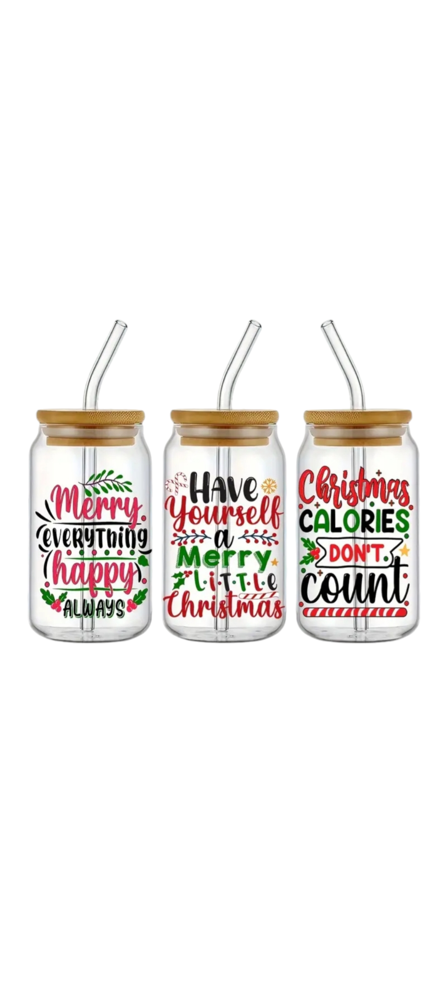 1pc customised Glass tumbler cup with bamboo lid +straw with customised Christmas holiday adhesive waterproof sticker