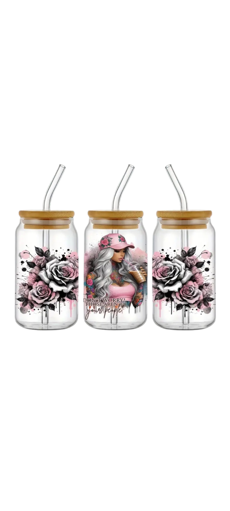 1pc customised Glass tumbler cup with bamboo lid +straw with customised floral adhesive waterproof sticker 500ml