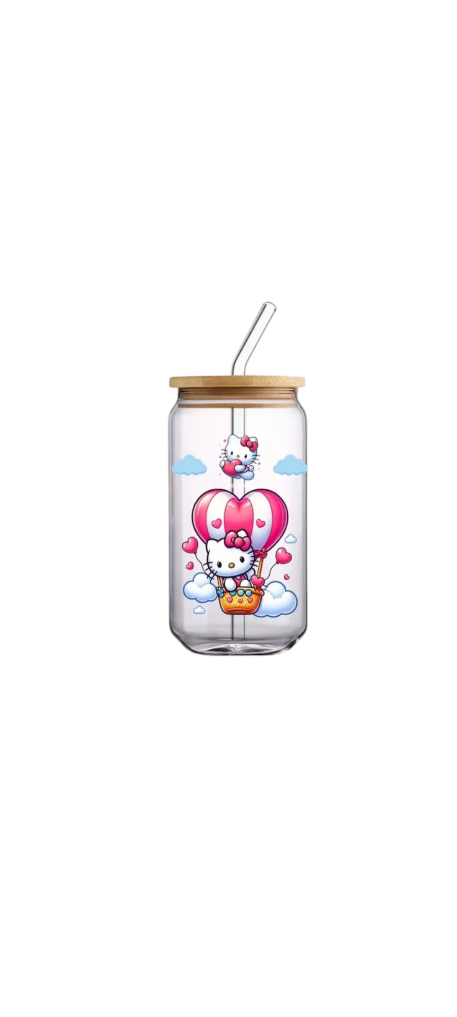 1pc customised Glass tumbler cup with bamboo lid +straw,customised with Hello kitty adhesive waterproof sticker 500ml