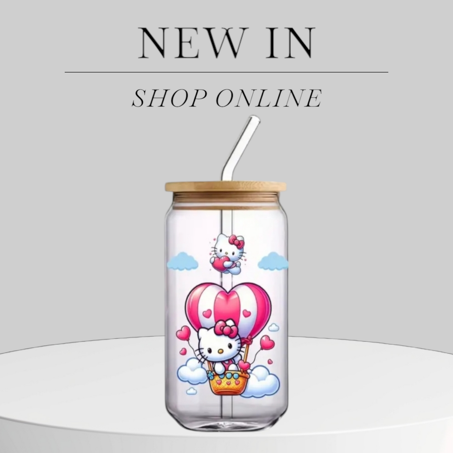 1pc customised Glass tumbler cup with bamboo lid +straw,customised with Hello kitty adhesive waterproof sticker 500ml