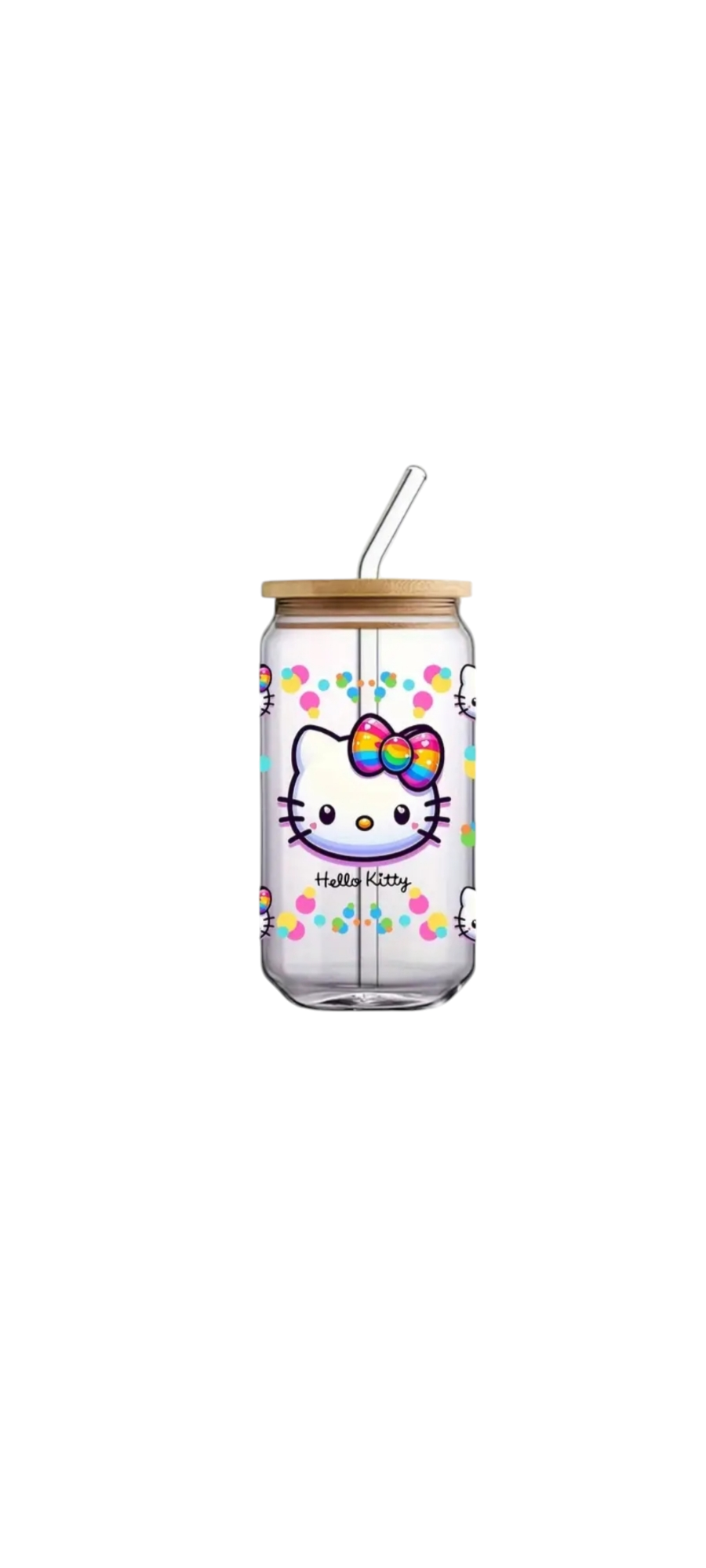 1pc customised Glass tumbler cup with bamboo lid +straw with customised Hello kitty adhesive waterproof sticker