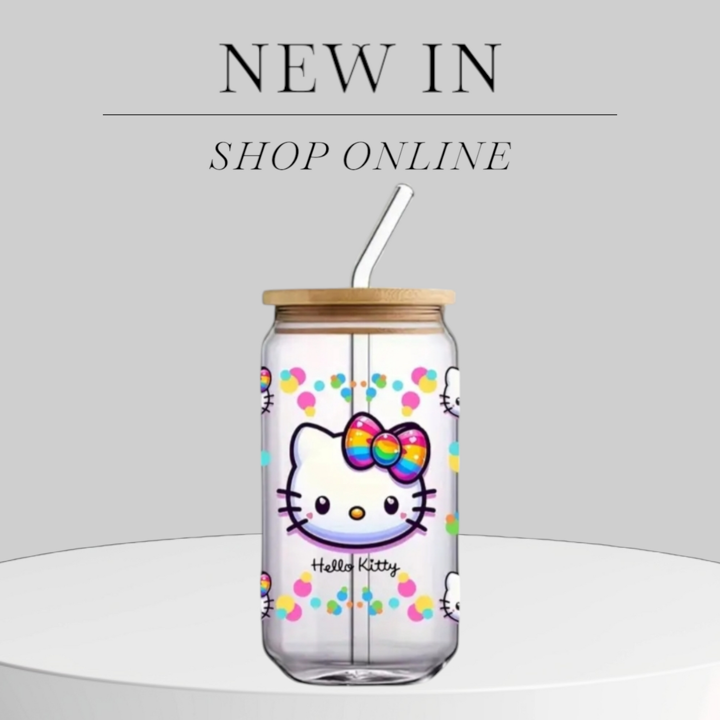 1pc customised Glass tumbler cup with bamboo lid +straw with customised Hello kitty adhesive waterproof sticker