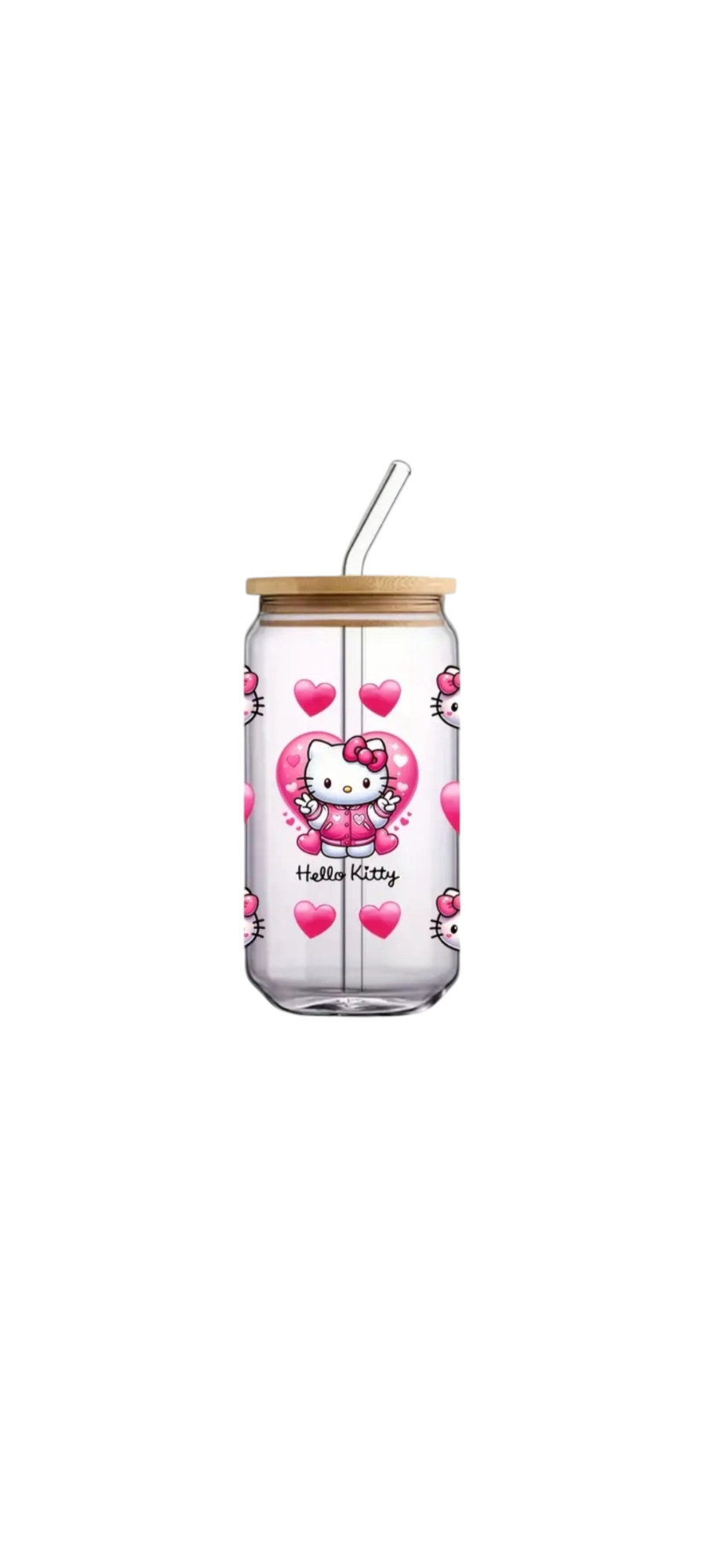 Customised Glass tumbler cup with bamboo lid and straw Hello kitty adhesive waterproof sticker 500ml