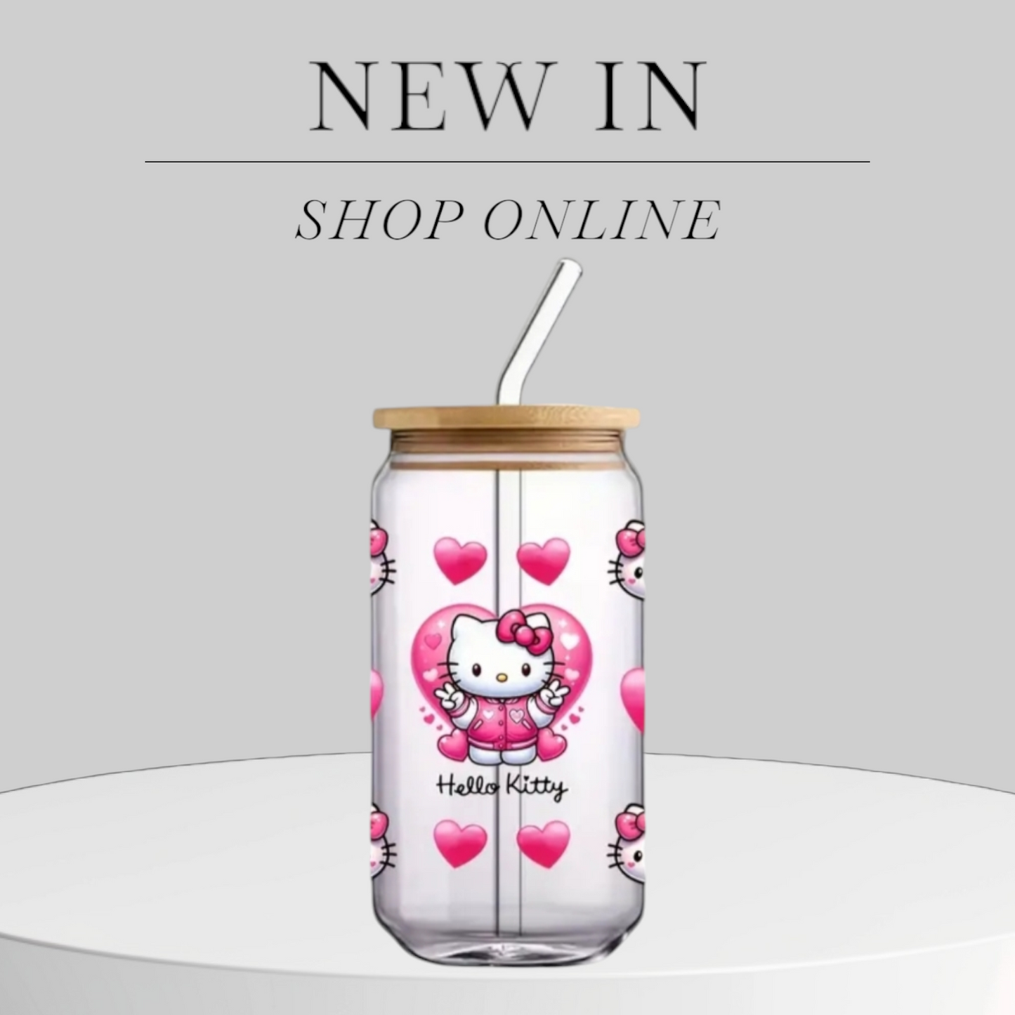 Customised Glass tumbler cup with bamboo lid and straw Hello kitty adhesive waterproof sticker 500ml