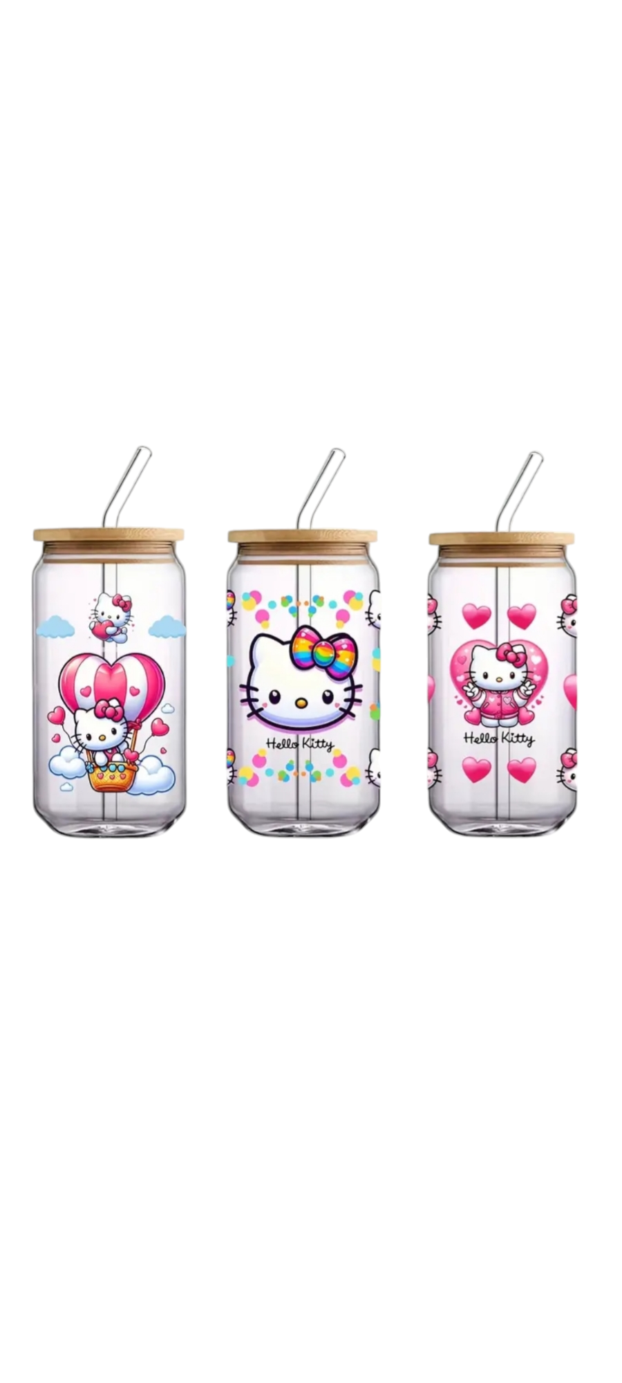 Customised Glass tumbler cup with bamboo lid and straw Hello kitty adhesive waterproof sticker 500ml