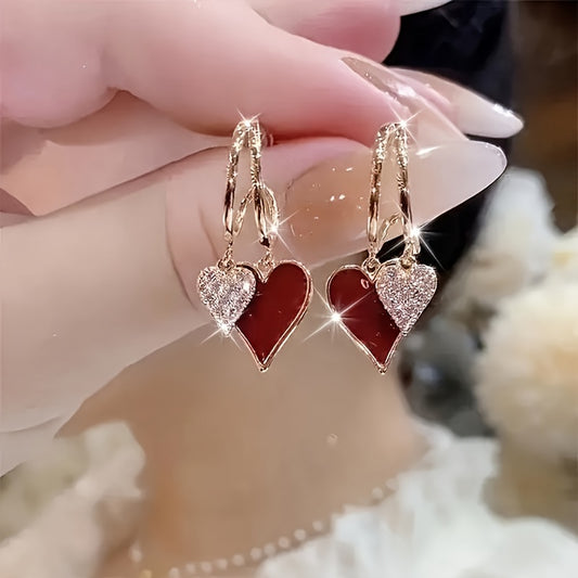 1 Pair of Stylish Retro Red Double Heart-Shaped Pendant Earrings, Elegant Alloy And Stainless Steel Ear Pin Design, Versatile And Easy to Wear, Can Be Matched with Any Outfit