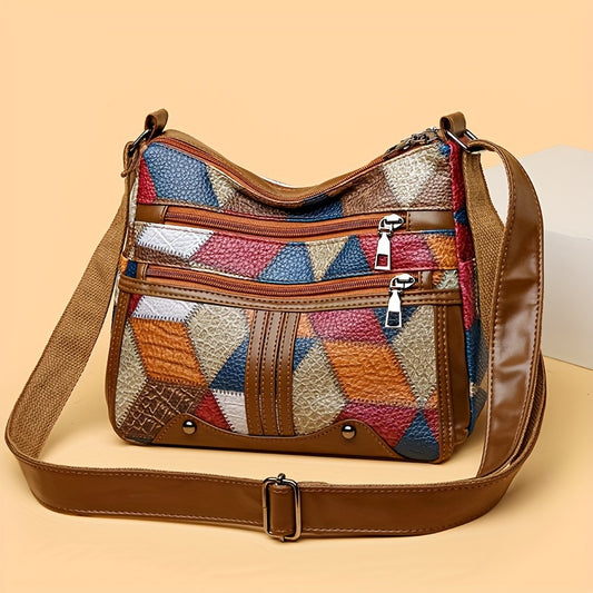 Fashionable & Large Capacity Crossbody Bag, Elegant Single Shoulder Bag With 3D Pattern, Colorblock Faux Leather Tote For Daily Commuting