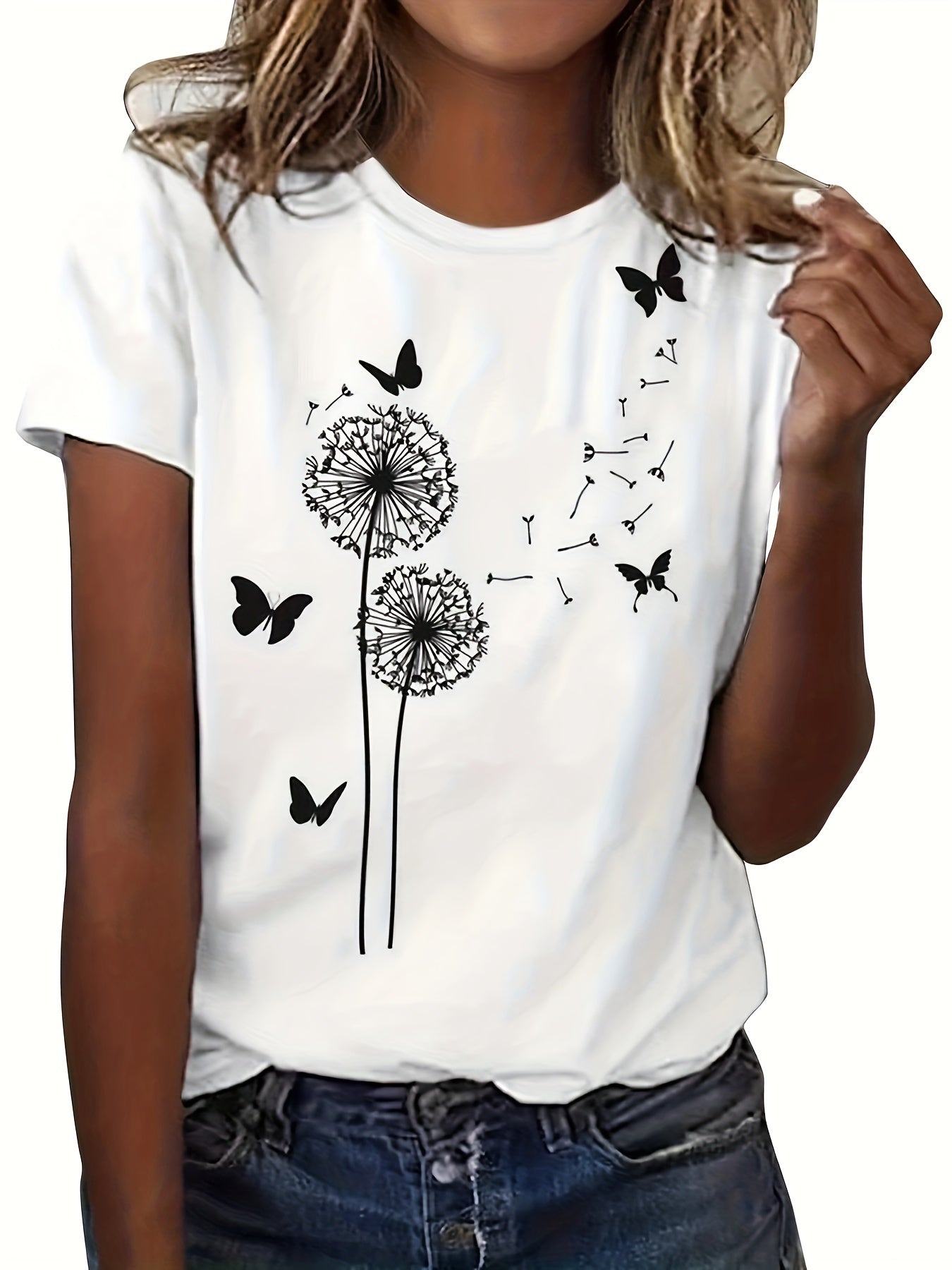 Dandelion Print Crew Neck T-shirt, Casual Short Sleeve Top For Spring & Summer, Women's Clothing