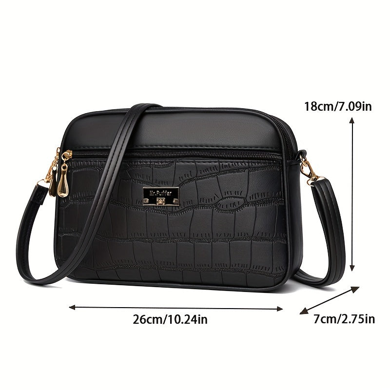 Crocodile Embossed Stylish Shoulder Crossbody Bag For Women, Large Capacity, Simple Style, PU Material, With Adjustable Strap