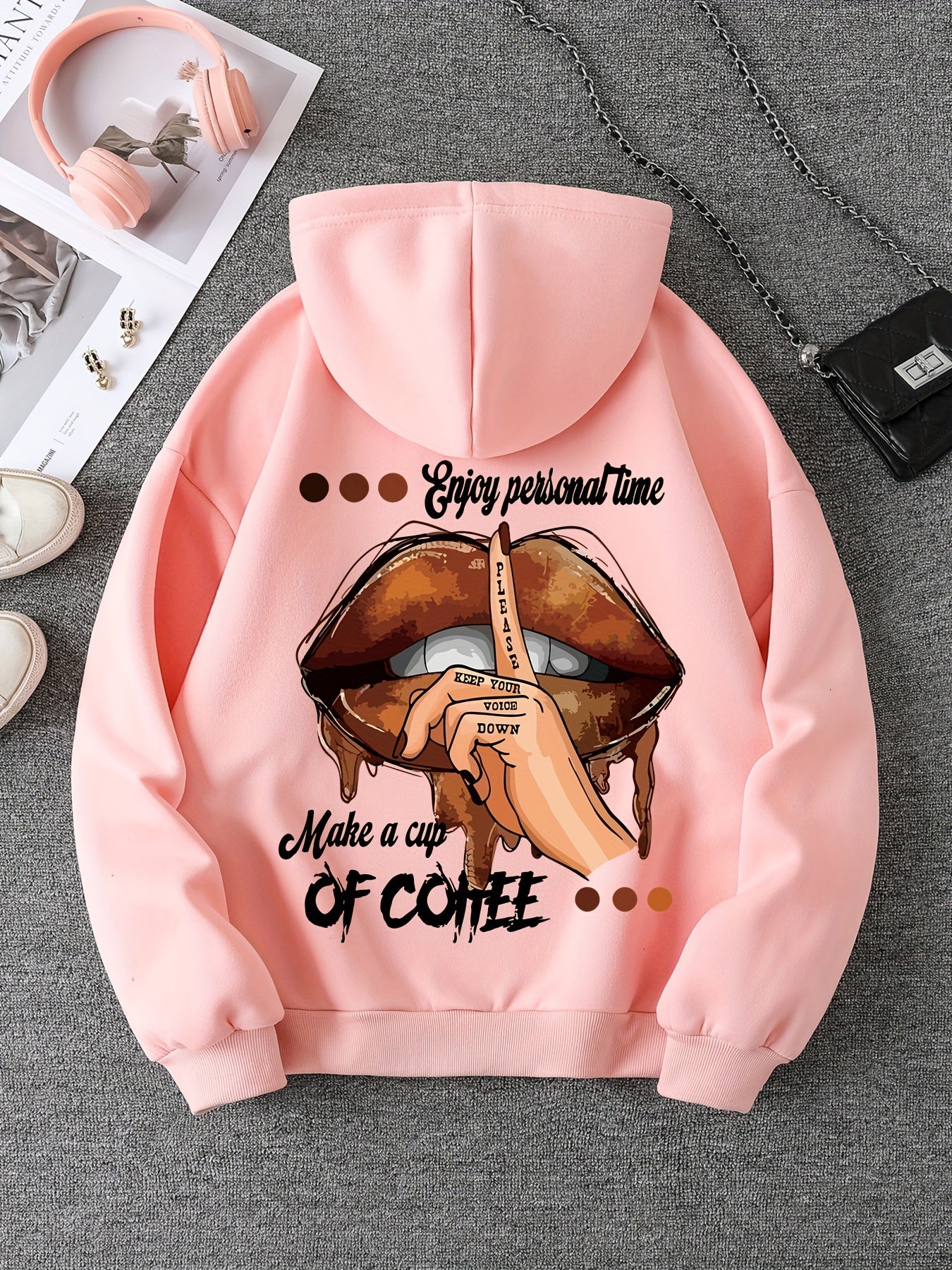 Lips & Letter Print Hoodie, Casual Kangaroo Pocket Long Sleeve Drawstring Hoodies Sweatshirt, Women's Clothing