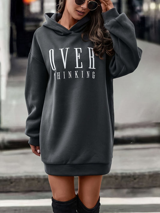 Elegant Letter Print Hooded Dress - Casual Long Sleeve, Stretchy Polyester Blend, Machine Washable - Perfect for All Seasons