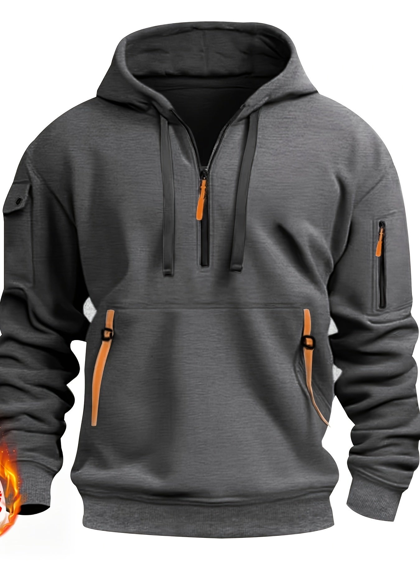 Men's Casual Fleece-Lined Hoodie with Multiple Zipper Pockets - V-Neck Pullover for Fall & Winter, Plus Size Available