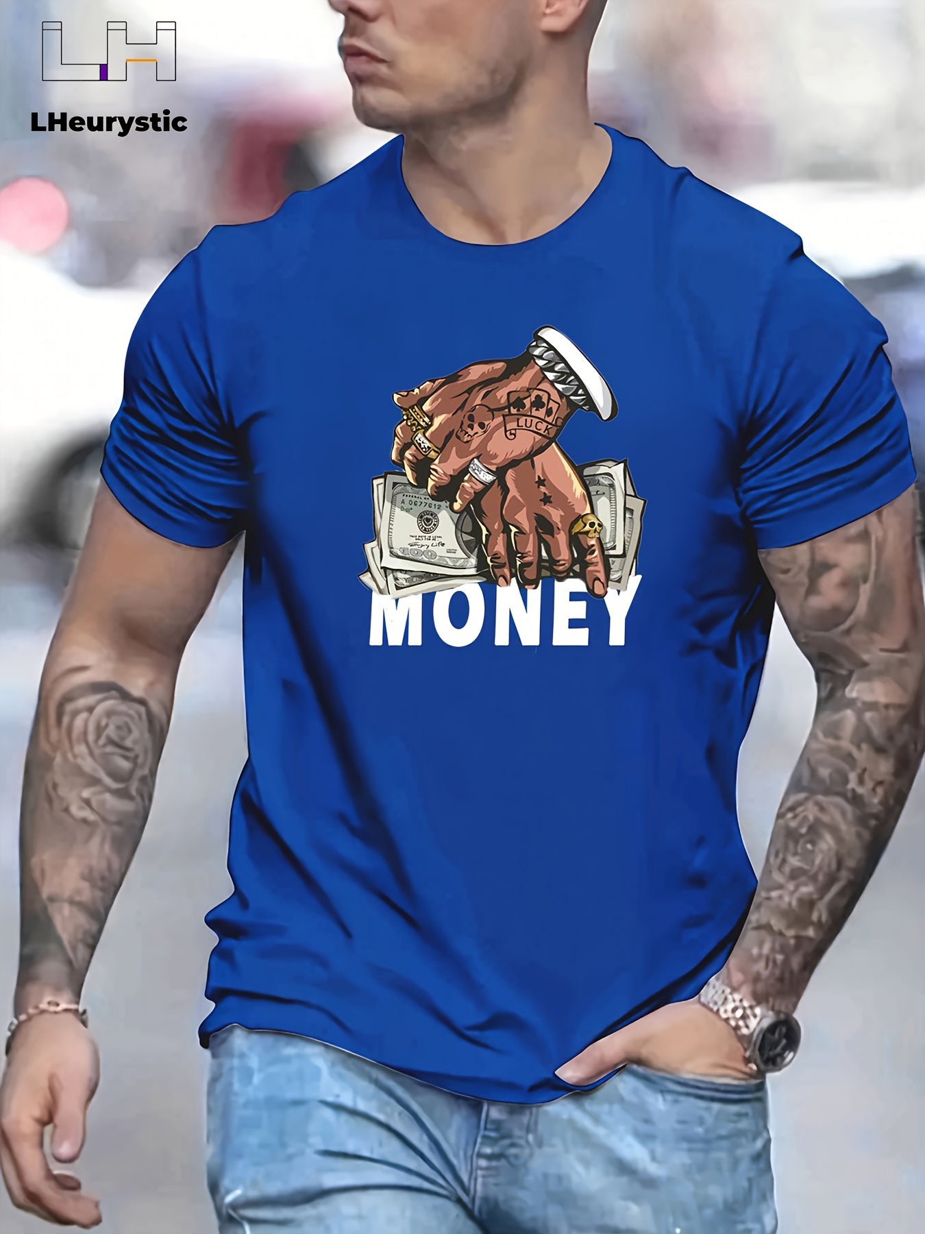 Cartoon Money & Hands Print, Men's Graphic Design Crew Neck Niche T-shirt, Casual Comfy Tees Tshirts For Summer, Men's Clothing Tops For Daily Vacation Resorts