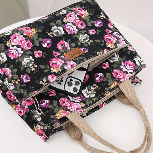 Fashion Floral Print Tote Bag, Portable Canvas Lunch Bag, Women's Casual Handbag For Picnic Travel