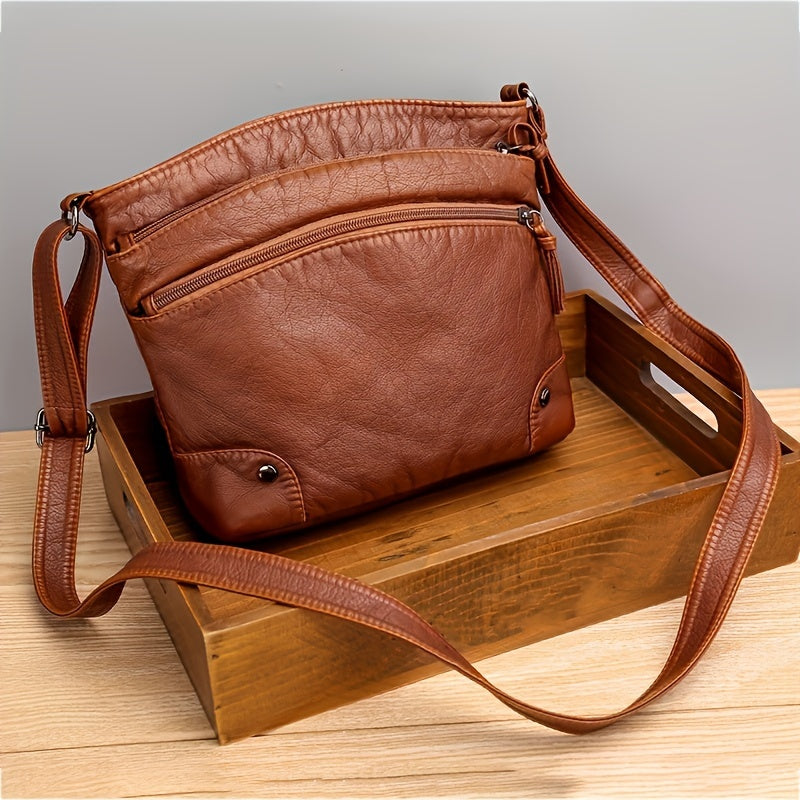 Chic Women's Vintage-Inspired Faux Leather Crossbody Bag with Adjustable Strap, Multi-Compartment Design - Lightweight, Zip Closure - Available in Light Brown/Black