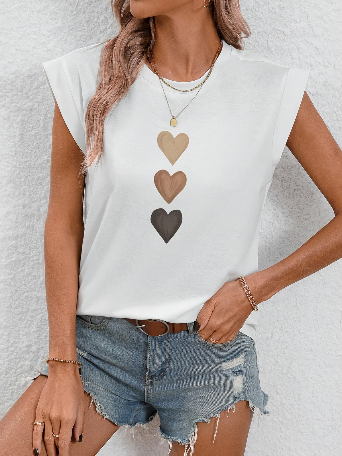 Heart Print T-shirt, Cap Sleeve Crew Neck Casual Top For Summer & Spring, Women's Clothing