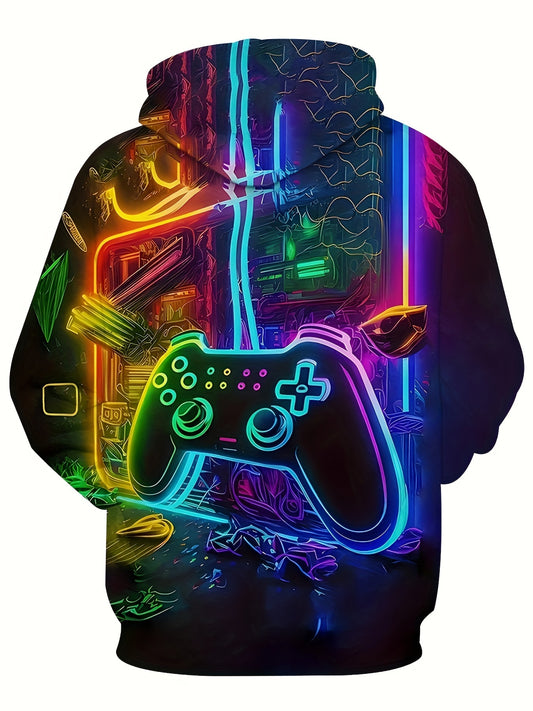 Cyberpunk Style Gamepad Digital Print Men's Street Hooded Sweatshirt With Drawstring And Pocket, Fall Winter Hoodie, As Gifts