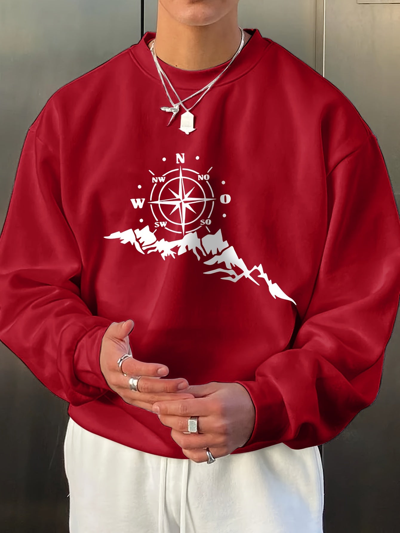 Men's Casual Compass Print Sweatshirt - Long Sleeve, Loose Fit, Round Neck Pullover for Sports & Casual Attire