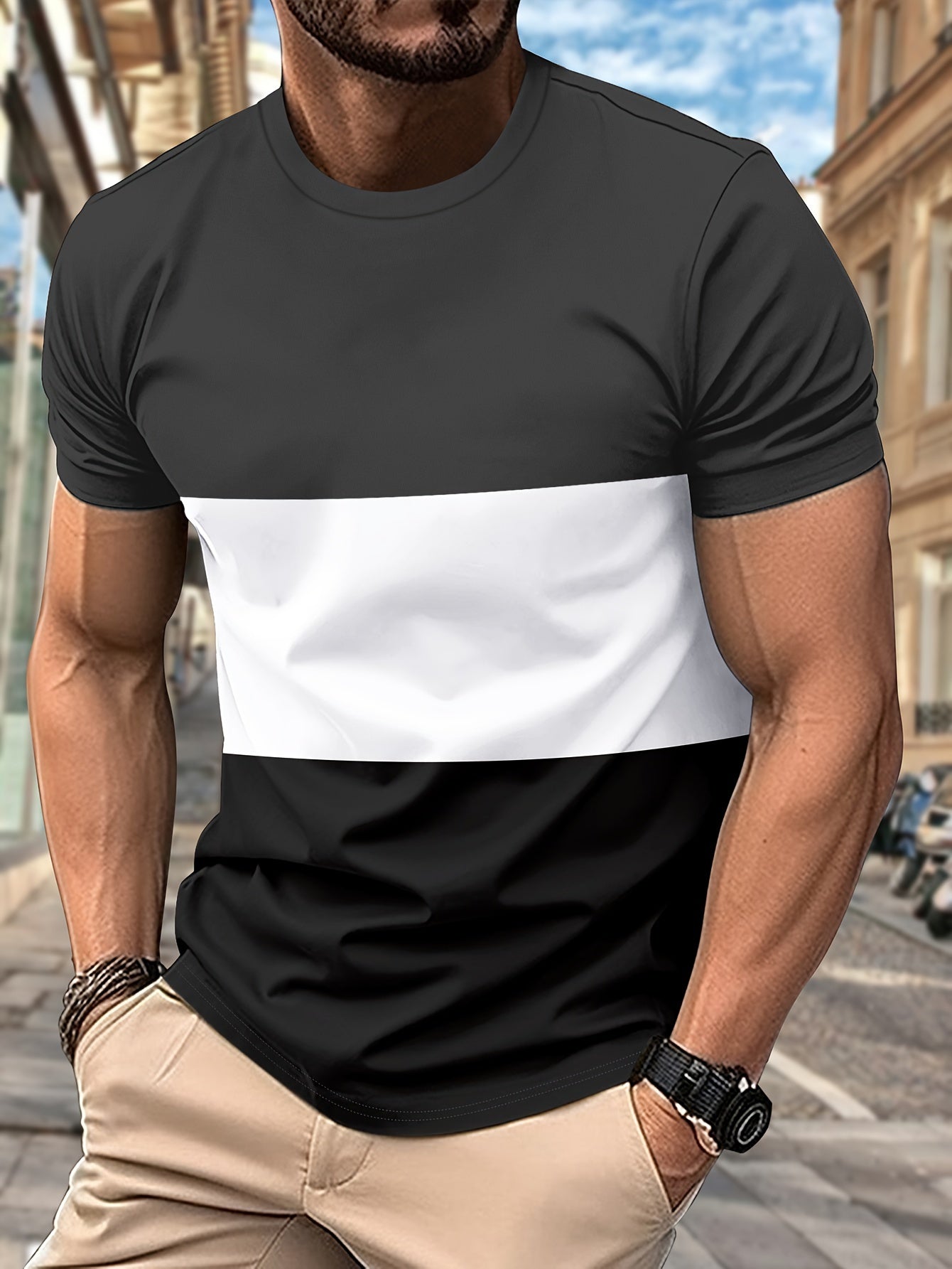 Men's Color Block Pattern Crew Neck And Short Sleeve T-shirt, Casual And Breathable Tops For Summer Outdoors Wear