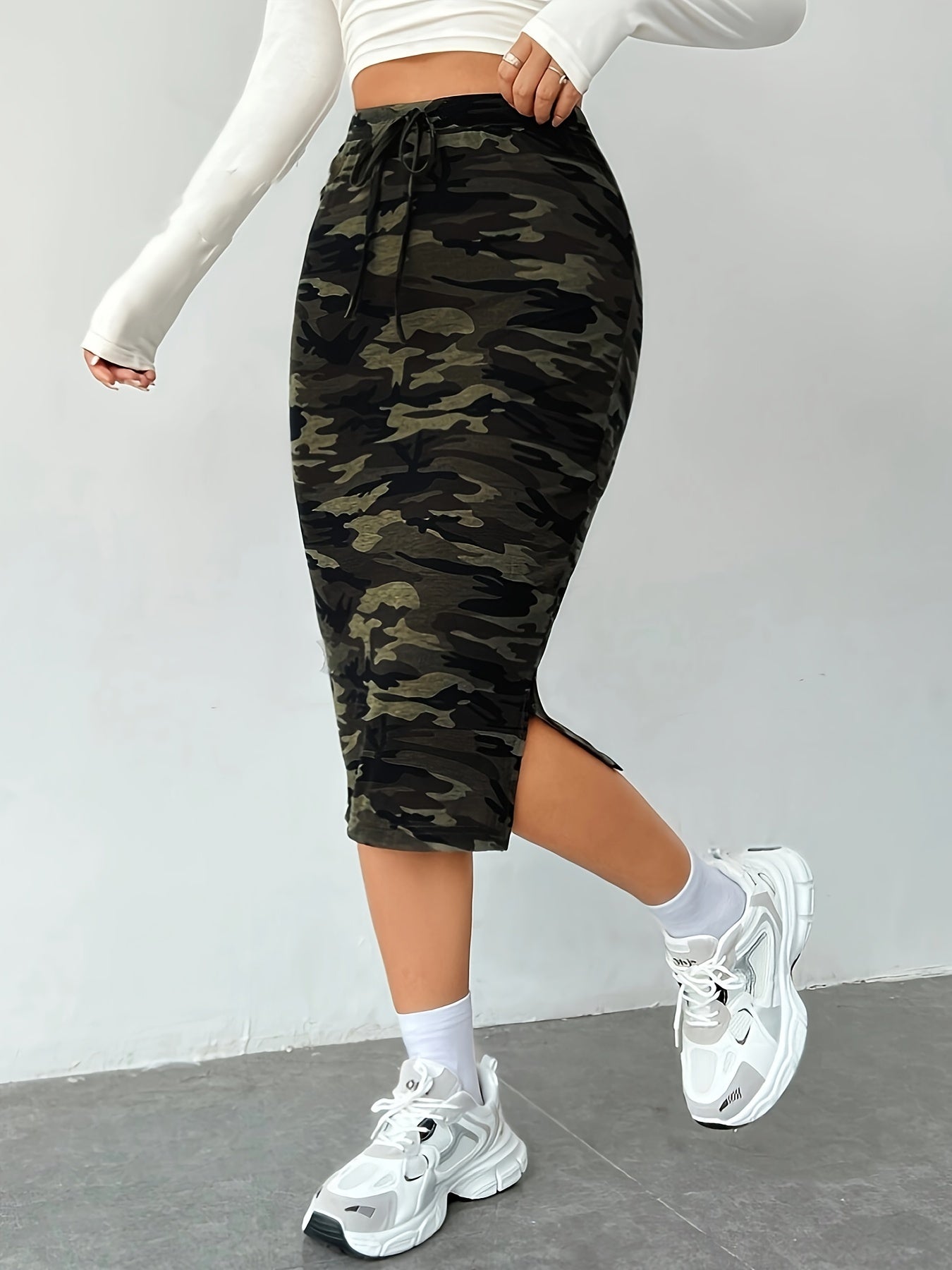 Camo Print Split Hem Pencil Skirt, Elegant High Waist Tied Skirt For Spring & Summer, Women's Clothing