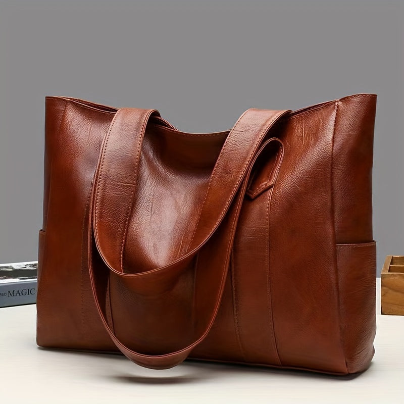 Faux Leather Tote Bag, Multi Pockets Bag, Large Handbags For Work School Travel