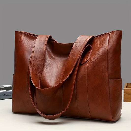 Faux Leather Tote Bag, Multi Pockets Bag, Large Handbags For Work School Travel